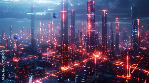 A digital cityscape with neon lights  where gravity is optional