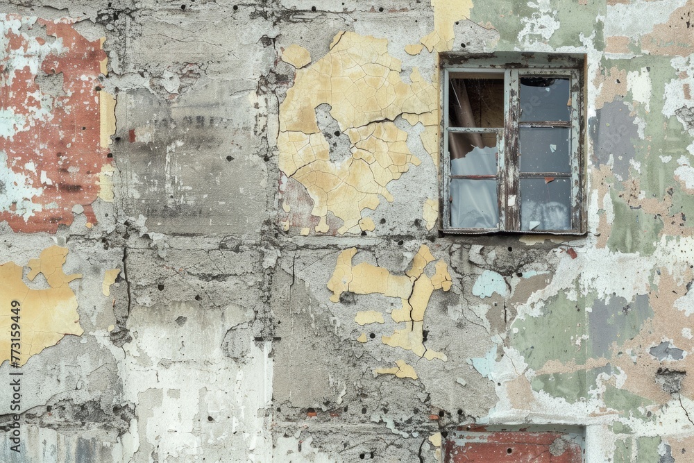 Close-up view of an old wall with peeling paint and a broken window, displaying urban decay and neglect