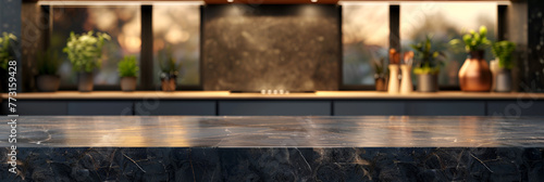 Modern empty dark marble table top or kitchen island on blurry bokeh kitchen room interior background. generative ai