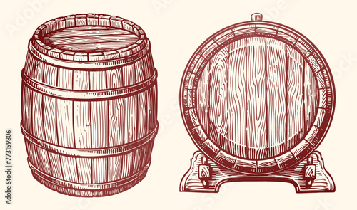 Wooden barrel, set. Oak cask sketch style. Hand drawn vintage vector illustration © ~ Bitter ~