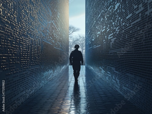 A man walks down a long, dark hallway. The hallway is filled with many small squares, and the man is the only person in the scene