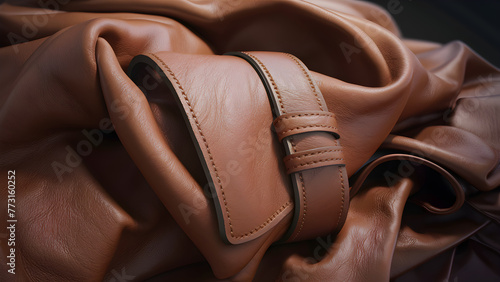 Close-up of  a brown leather coat with visible stitching details and a smooth, soft texture.