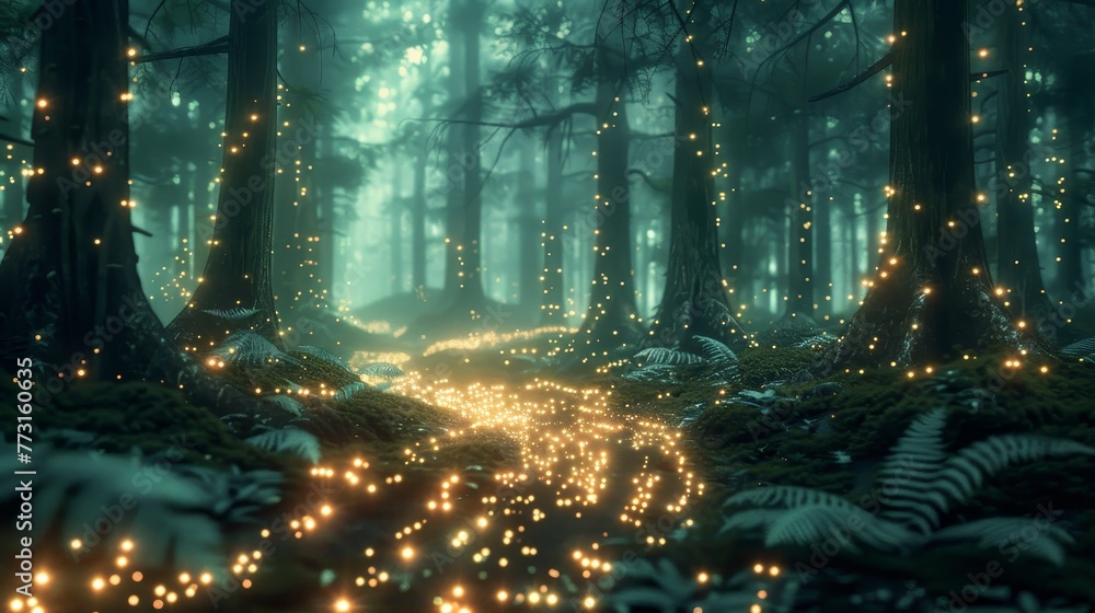 A network of glowing pathways in a surreal forest