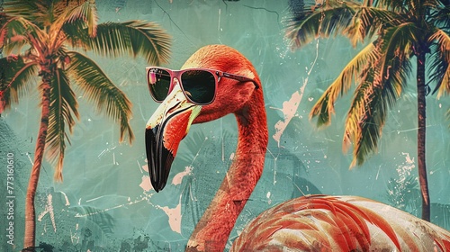 abstract collage of a flamingo wearing sunglasses among palms, in a 60s retro style, blending vintage and whimsy photo