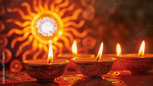 Traditional Diyas Lit Against A Vibrant Sun Design, Ideal For Diwali Celebrations And Sinhala New Year Greeting Cards. AI Generated