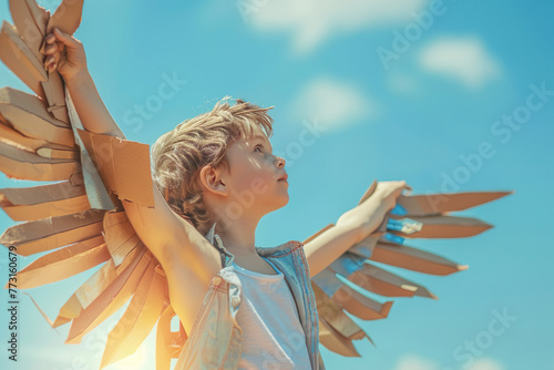 A dreamer boy with paper wings looking up at the sky. Aspirations concept