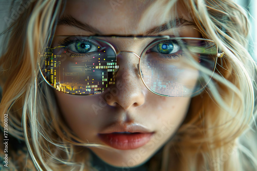 Attractive young blonde woman with smart digital glasses with virtual information screen © Pavel Iarunichev