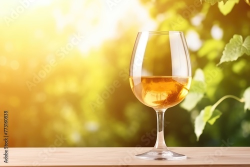 An inviting glass of amber wine sits on a wooden table, backlit by warm sunlight filtering through lush vineyard leaves. Amber Wine Glass on Sunny Vineyard Table