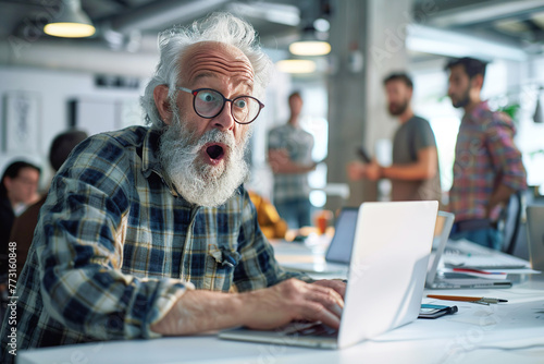 Surprised shocked old man in front of open laptop in office space © Pavel Iarunichev