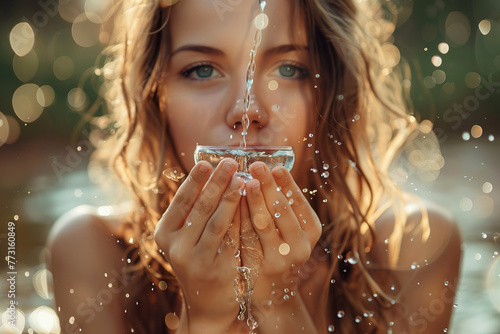 A beautiful girl holds a glass with pouring sparkling clean spring water with splashes © Pavel Iarunichev