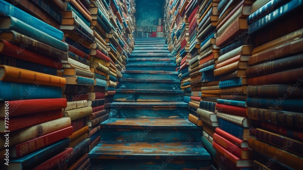Fototapeta premium A staircase made of books that leads to a floating desk