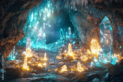 Illuminated crystals in an enigmatic cave, stirring ancient magic and awe.