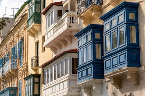 Row of residential homes during the daytime featuring blue balconies in Malta. photo