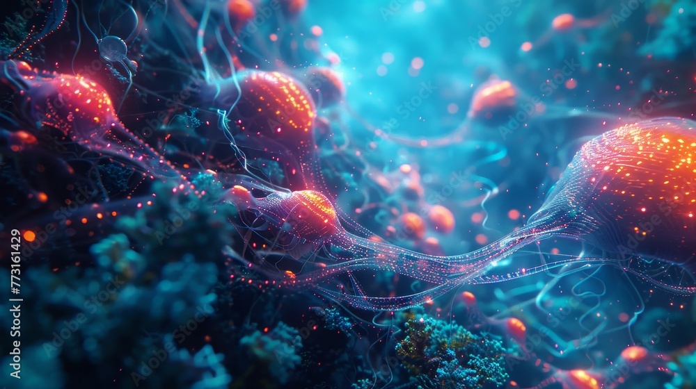 Naklejka premium A surreal underwater world with creatures linked by glowing tendrils