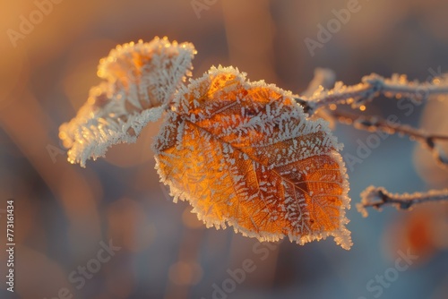 Frost Covered Autumn Leaves in Golden Morning Light, Winter Concept