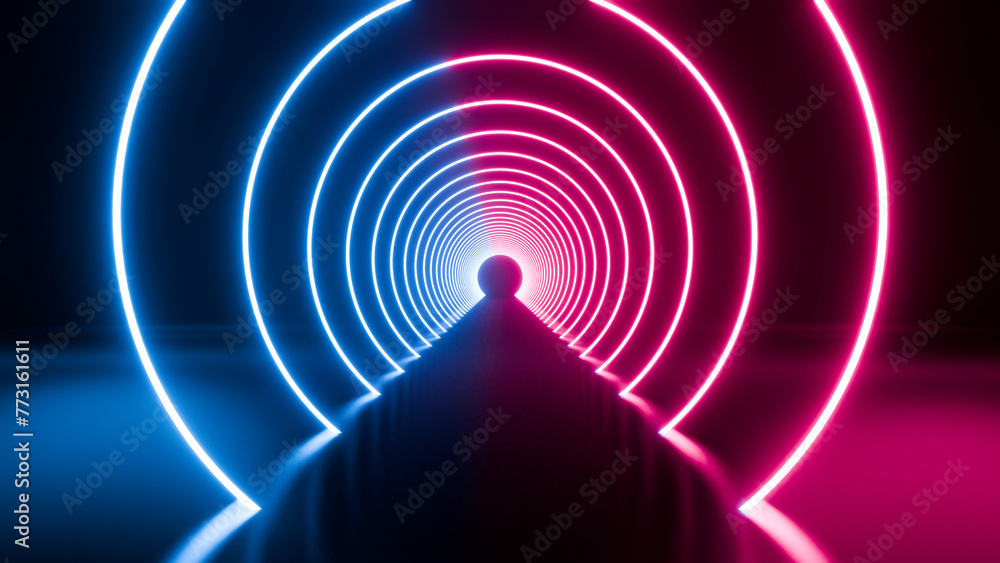 3d render, flight inside tunnel, neon light abstract background, round arcade, portal, rings, circles, virtual reality, ultraviolet spectrum, laser show, fashion podium, stage, floor reflection 3d render, flight inside tunnel, neon light abstract background, round arcade, portal, rings, circles, virtual reality, ultraviolet spectrum, laser show, fashion podium, stage, floor reflection