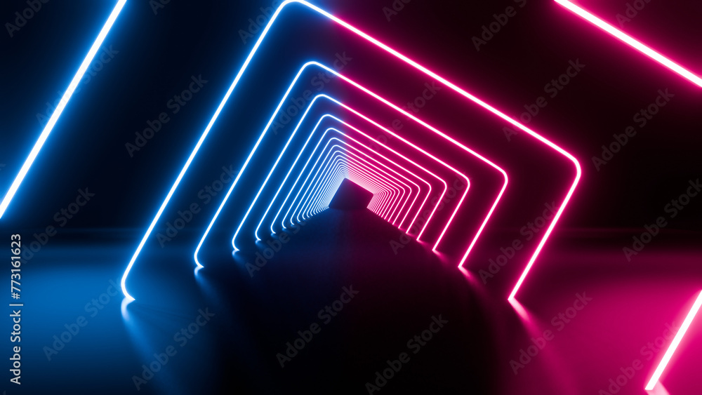 Fototapeta premium looped 3d animation, neon tunnel with rotating square frames. Abstract cycled background
