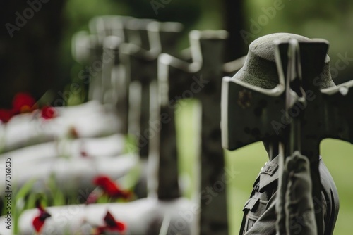 Soldier's helmet and dog tags on a cross, evoking Memorial Day's solemnity. Military helmet on memorial cross, a poignant symbol for veteran honor photo