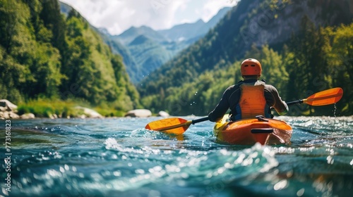 Wallpaper Mural Man paddling kayak on a mountain river, extreme sport rafting whitewater kayaking Torontodigital.ca