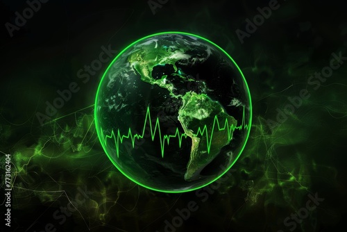  A clear earth image featuring a green ECG line running through its center, along with an embedded ECG trace in the midst