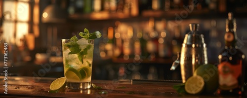   A tight shot of a tall glass holding a drink, garnished with a lime slice and fresh mint leaves