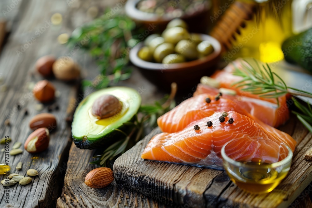 Arrange salmon, avocado, nuts, and olives on a wooden cutting board Arrange salmon, avocado, nuts, and olives on a wooden cutting board