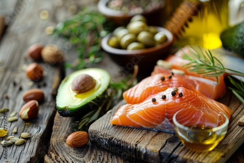   Arrange salmon, avocado, nuts, and olives on a wooden cutting board