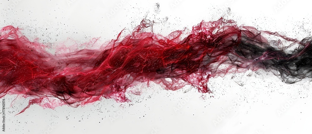 A red and black substance hovers above a white surface, with a central pool of both substances in the image A red and black substance hovers above a white surface, with a central pool of both substances in the image