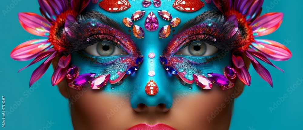  blue-pink mask adorning it, feathers in vibrant hues framing