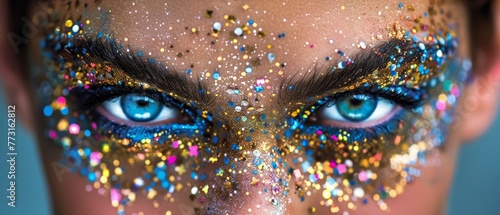  A tight shot of a woman's blue-eyed visage adorned with colorful glitter