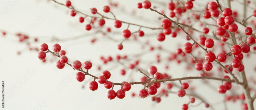   A branch bearing small red fruits against a white backdrop; berries suspended from branches, white wall in foreground and background