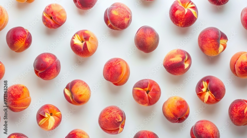top down view of whole organic peaches evenly distributed on white background top down view of whole organic peaches evenly distributed on white background