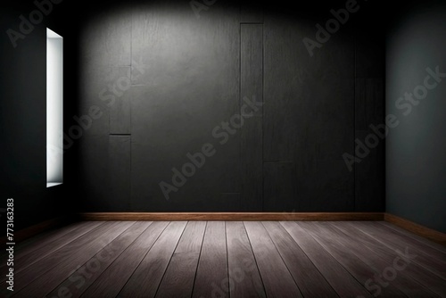 AI-generated illustration of an empty room interior with black walls and a single window