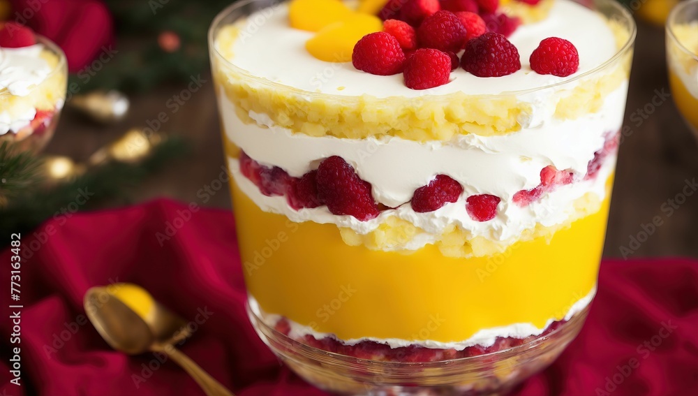 AI-generated illustration of an English trifle with whipped cream and raspberries AI-generated illustration of an English trifle with whipped cream and raspberries