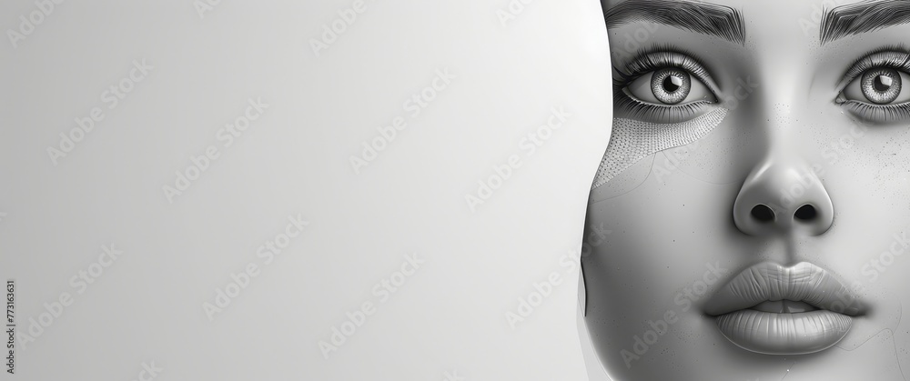 A monochrome image of a woman's open-eyed face, her nostrils subtly flared A monochrome image of a woman's open-eyed face, her nostrils subtly flared