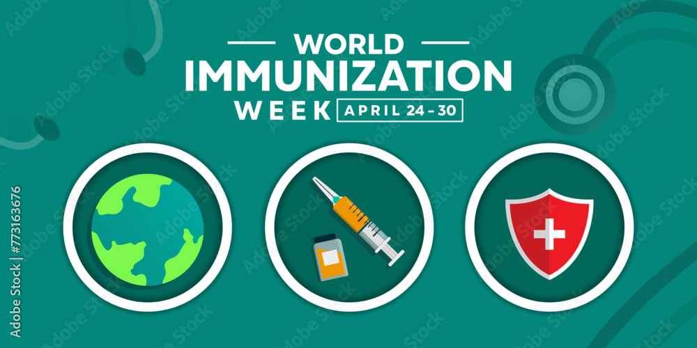World Immunization Week. Earth, syringe and Shield. Great for cards, banners, posters, social media and more. Blue background.
