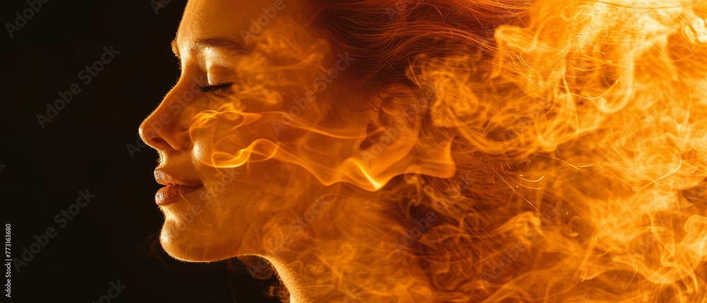 A tight shot of a woman's intense, fiery-eyed face against a dark backdrop, exuding flames A tight shot of a woman's intense, fiery-eyed face against a dark backdrop, exuding flames
