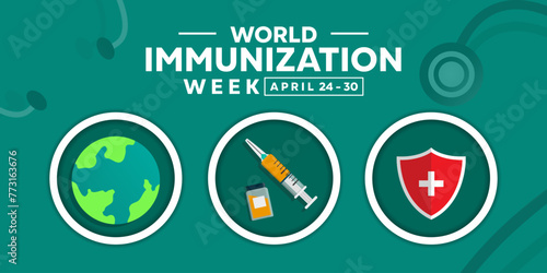 World Immunization Week. Earth, syringe and Shield. Great for cards, banners, posters, social media and more. Blue background.