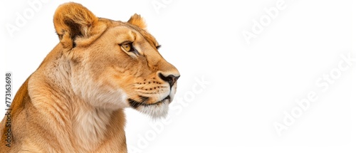  A tight shot of a lion's head, white background, softly focused face