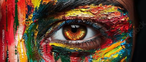   A tight shot of a face, adorned with vibrant paint, most notably around the eyes