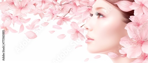  A woman's face, closely framed, adorned with a bouquet of pink flowers atop her head against a pristine white background