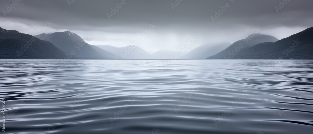 A scene of a body of water surrounded by mountains in the backdrop and a distant sky adorned with clouds A scene of a body of water surrounded by mountains in the backdrop and a distant sky adorned with clouds