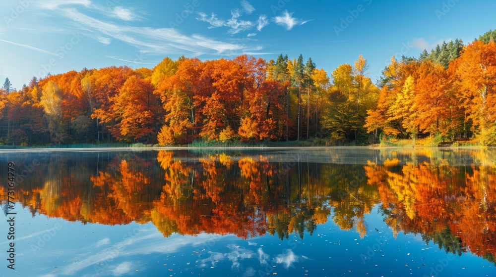 Bright beautiful autumn forest reflected in the waters of the lake 