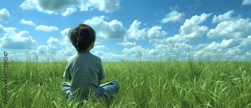  A young boy sits in a field of tall grass, gazing at a blue sky peppered with white clouds