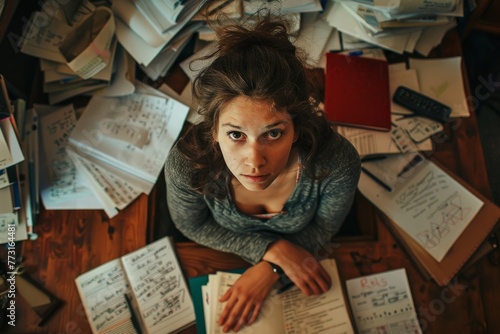 A woman is laying on a heap of papers, appearing frustrated and contemplating while dealing with writers block photo