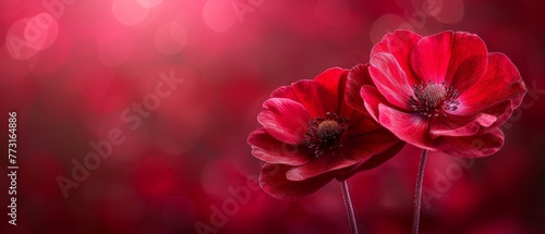  A close-up of two red flowers against a blurred background