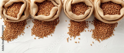  A collection of grain-filled bags atop a white table Nearby, a mound of brown beans sits on another identical table