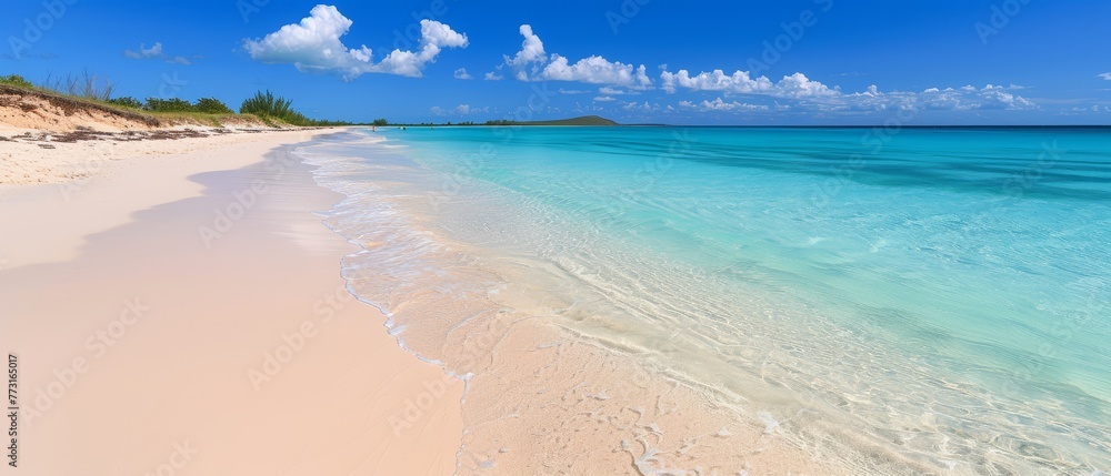   A sunny day at a sandy beach with crystal-clear blue water and a distant hill covered in greenery, topped with fluffy clouds