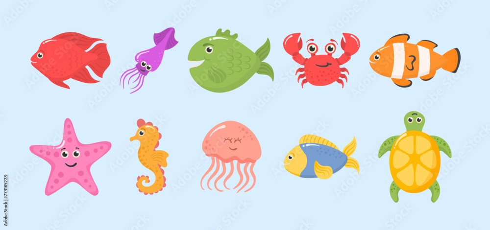 Marine animals and aquatic plants. Underwater creature set vector isolated. Set of funny ocean animals isolated on a white background. Sea creatures. Funny cartoon character. Vector illustration.