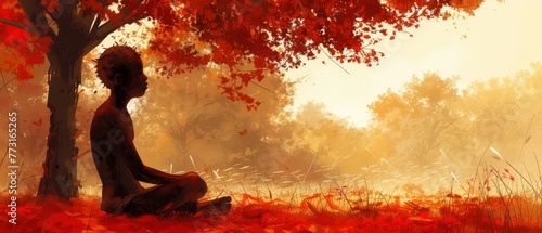   A man sits before a tree  its red leaves forming a vibrant foreground